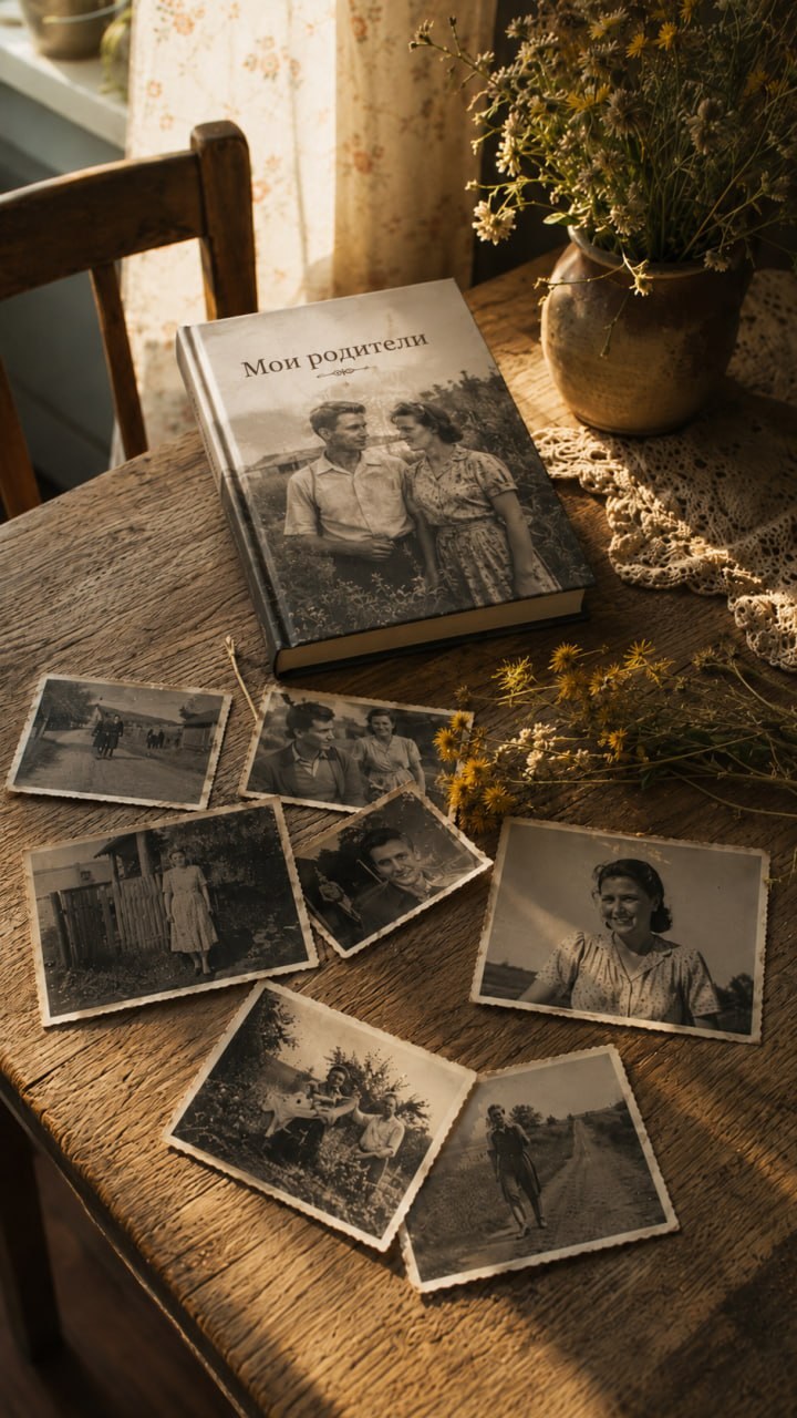 Книга и старые фотографии на столе