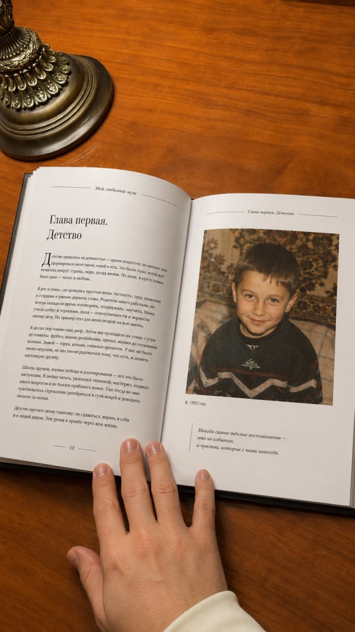 Разворот книги с детской фотографией