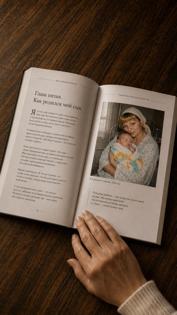 Разворот книги с семейной фотографией